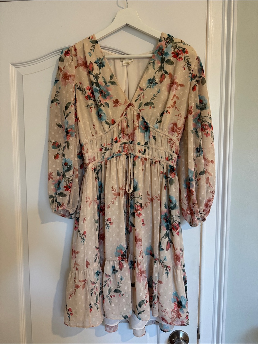 Shoshanna Cream Floral Tie-Waist Mini Dress with Blue & Pink Accents